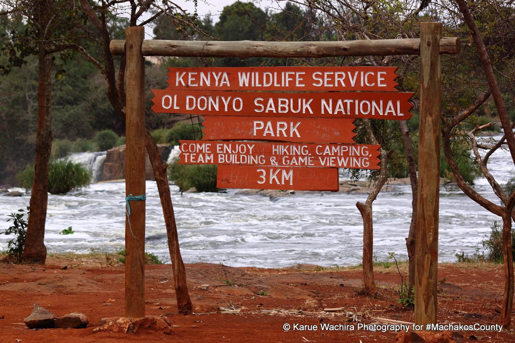 KWS sign board of the Oldonyo Sabuk National Park location of the Fourteen Falls KWS sign board of the Oldonyo Sabuk National Park location of the Fourteen Falls